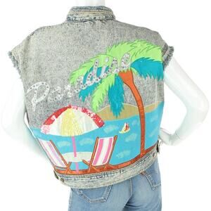 Vintage Acid Wash Beach Embroidered Art Festival Denim Jean Jacket Cutoff Vest